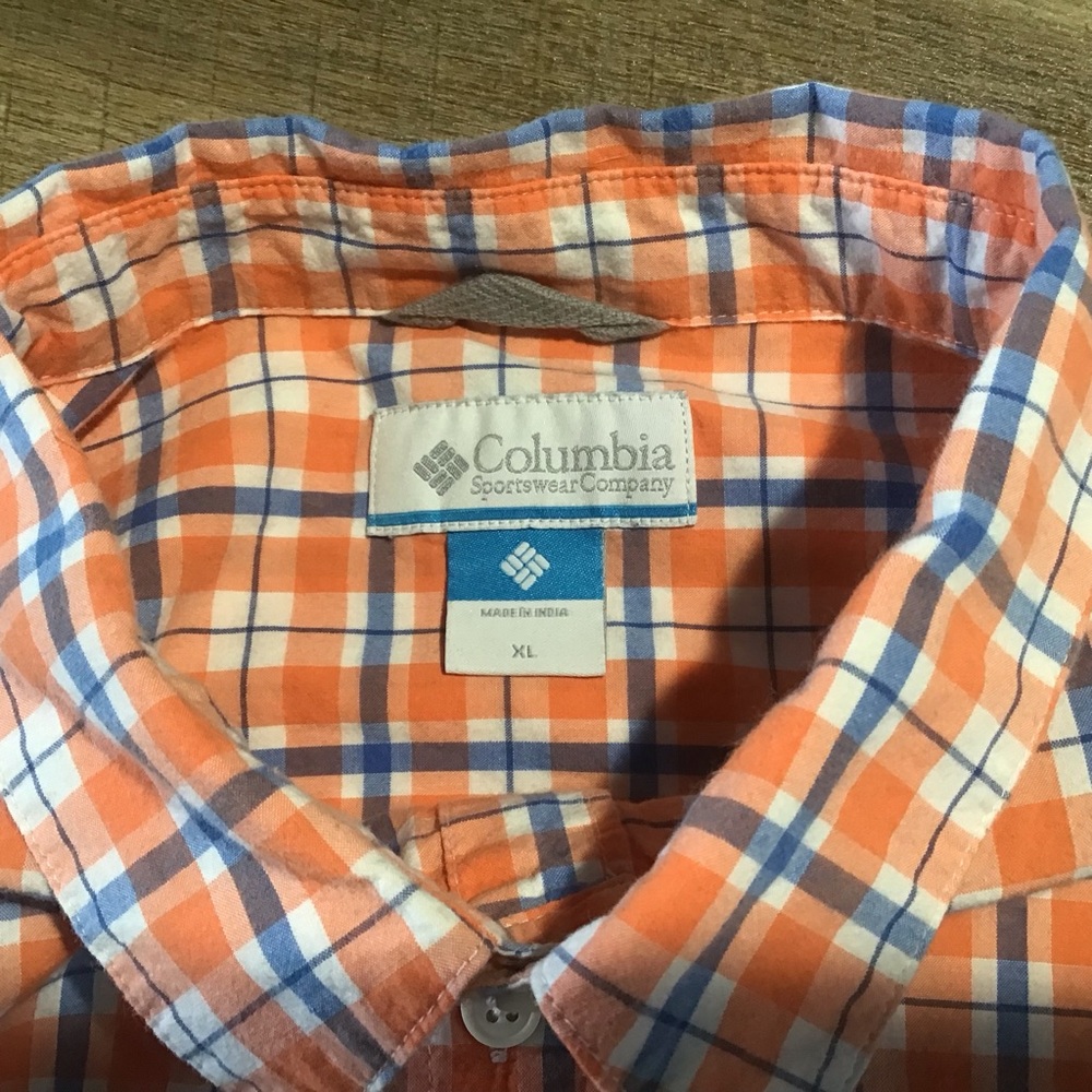 Columbia Mens XL Blue Orange Plaid 100% Cotton Long Sleeve Button Down Shirt - Picture 2 of 6